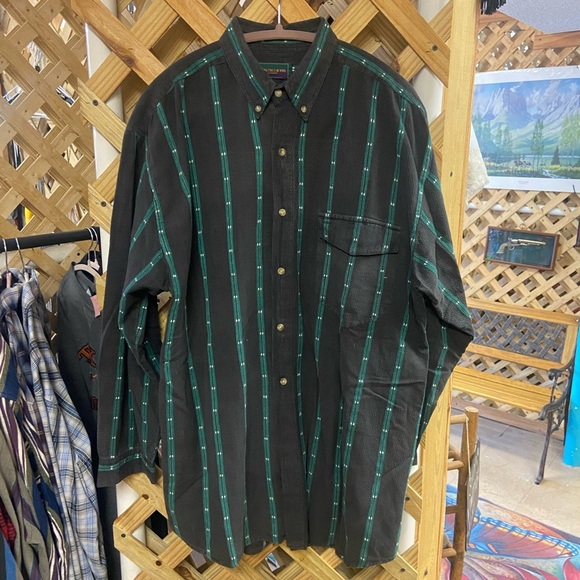 Vintage Casual Black and Green Striped Button Down‎ Shirt - Picture 1 of 3